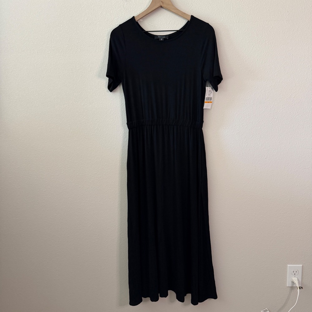 KAREN KANE Womens Elastic Waist Pocket Midi Dress Size Small Minimalist Chic LBD